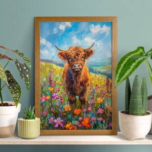 Affiche vache Highland champ de fleurs, art mural bovins d'Écosse, amateur de vaches écossais, chambre de vache vache hirsute, bébé vache, imprimés floraux, décoration de ferme