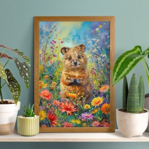 Flower Field Cute Quokka Poster, Funny Quokka Wall Art, Quokka Lover, Australian Animal Nursery, Floral Prints, Wildlife Decor, Oil Painting