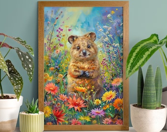 Póster de Quokka con un campo de flores, arte mural divertido de Quokka, amante de Quokka, vivero australiano, estampados florales, decoración de vida silvestre, pintura al óleo