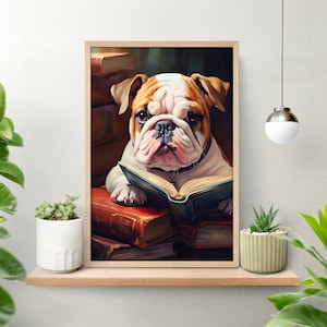 May include: A brown and white bulldog sitting on a stack of old books, reading a blue book with a gold spine.