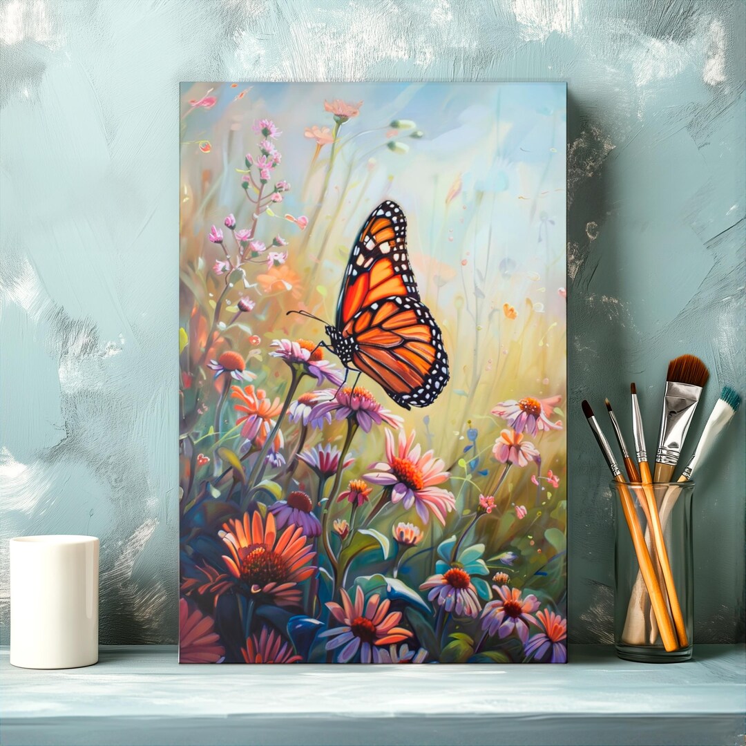 Flower Field Monarch Butterfly Canvas Wall Art, Matte Stretched 0.75 ...