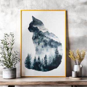 May include: A watercolor painting of a cat silhouette with a forest scene inside. The cat is facing left and the forest is filled with trees and fog.