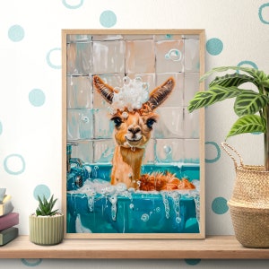 Bathtub Bubble Bath llama Poster, Bathroom Wall Art, Llama Lover Gift, Wildlife Nursery, Vintage Oil Painting, Cute Alpaca Print, Bath Decor