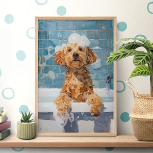 Poster di vasca da bagno con schiuma Labradoodle, arte murale per il bagno, stampa di cane divertente, ritratto di animale domestico carino, cameretta per cuccioli, animale dipinto a olio, decorazione per il bagno