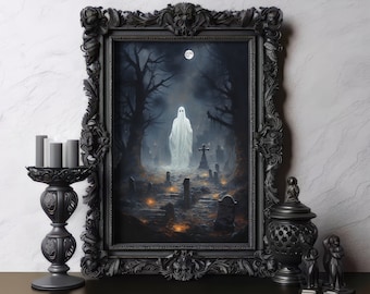 Haunting Ghost Graveyard Poster, Vintage Horror Art Print, Spooky Ghost Print,  Dark Academia, Gothic Victorian Home Decor, Halloween Decor