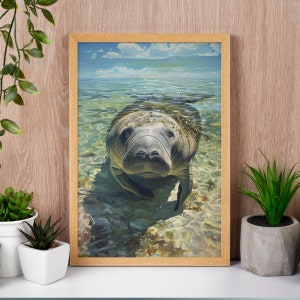 Affiche de lamantins côtiers pour eaux peu profondes, lamantins de Floride, peinture vache marine, impression biologie marine, déco nautique de chambre d'enfant, art mural animaux marins