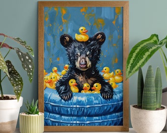 Rubber Duck Pool Bear Poster, Funny Bathroom Wall Art, Black Bear Painting, Bathtub Print, Bear In Toilet, Wild Animals Portrait, Bath Decor