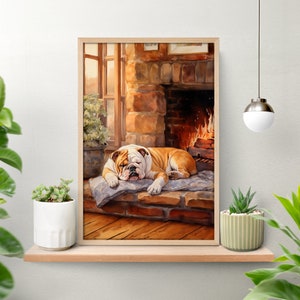 Affiche bouledogue confortable avec cheminée, impression chien drôle, cadeau pour amoureux des chiens, décoration d'intérieur animal, art mural chien rétro, élevage de chiens, peinture aquarelle pour animaux de compagnie