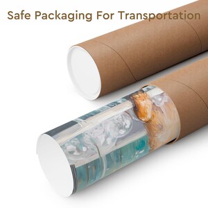May include: A rolled up print of a painting is being packaged in a brown cardboard tube. The tube has white end caps. The text "Safe Packaging For Transportation" is visible at the top of the image.