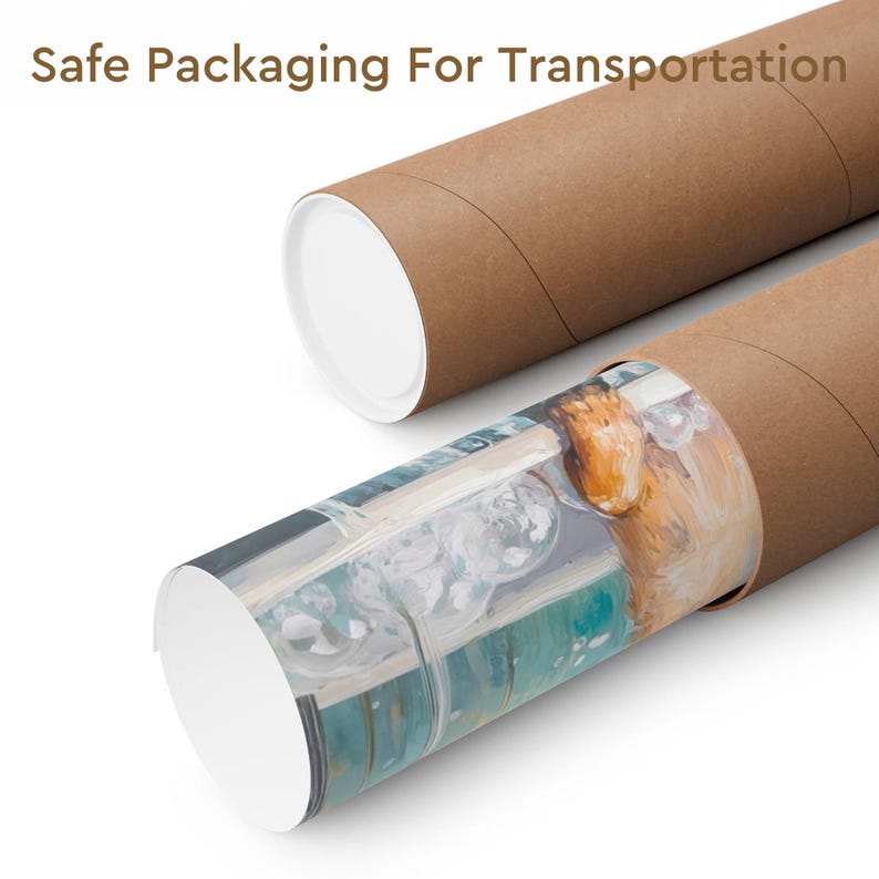 May include: A rolled up print of a painting is being packaged in a brown cardboard tube. The tube has white end caps. The text "Safe Packaging For Transportation" is visible at the top of the image.