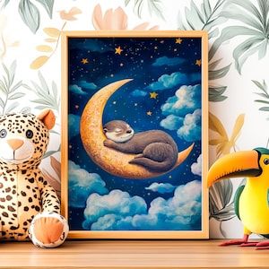 Verträumter Otter Mond Poster, Seeotter Poster, Lutra Illustration, Sternenhimmel Druck, Wildtier Kinderzimmer Dekor