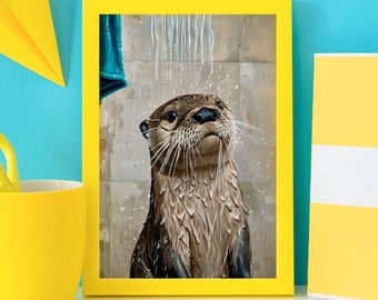 May include: A brown and gray otter with a wet, furry coat is standing in a shower. The otter has a surprised expression on its face and is looking up at the shower head. The shower is in a tiled bathroom.
