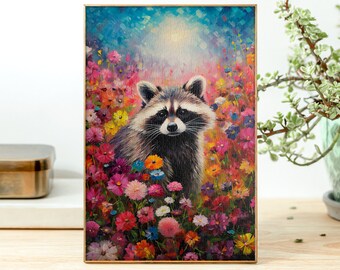 Flower Field Cute Raccoon Jigsaw Puzzle, 110/252/520/1014 Piece, Kids Adults Puzzle, Wildlife Wall Decor, Cute Trash Panda, Family Activity