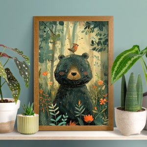 Freudiger Bär und Vogel Poster, Baby Schwarzbär, Lustige Bären Wandkunst, Kinderzimmer Wildtiere, Waldvogel Dekor, Wildtier Druck, Vögelchen Malerei