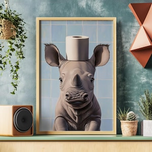 Badezimmer Toilettenpapier Nashorn Poster, Safari Nashorn Druck, niedliches Baby Nashorn Portrait, afrikanischer Kindergarten, Toilette Wandkunst, Baddeko