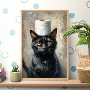 Bathroom Toilet Paper Cat Poster, Black Cat Print, Oil Painting, Pet Portrait, Toilet Wall Art, Cat Lover Gift, Bath Decor, Dark Academia