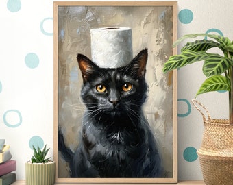 Könnte beinhalten: Ein gerahmtes Ölgemälde, das eine schwarze Katze mit leuchtend bernsteinfarbenen Augen und einer Rolle weißem Toilettenpapier auf dem Kopf zeigt. Die Katze ist vor einem strukturierten, neutralen Hintergrund mit sichtbaren Pinselstrichen dargestellt.