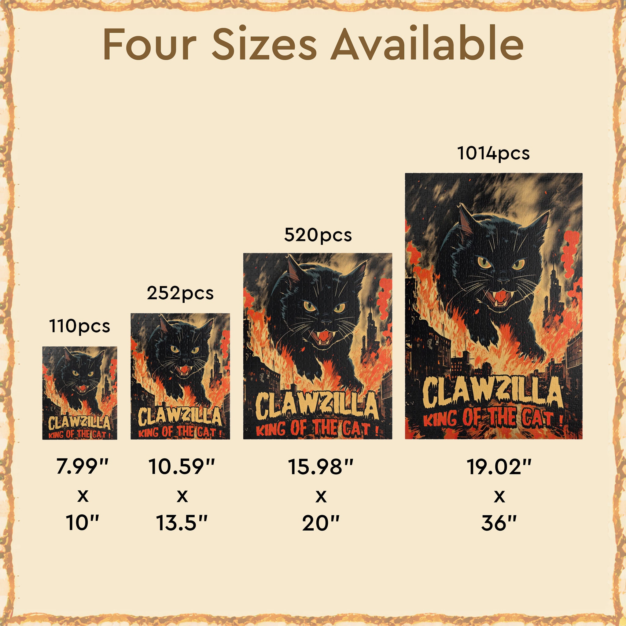 Retro Cat Monster Jigsaw Puzzle, Clawzilla, 110/252/520/1014 Pcs