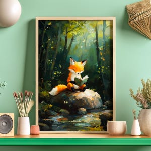 May include: A painting of a fox sitting on a rock in a forest, reading a book. The fox is orange and white with a bushy tail. The forest is green and lush with sunlight streaming through the trees.