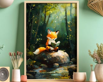 Bookworm Fox Reading Book Poster, Funny Red Fox Print, Novel Lover, Vulpes Vulpes Wall Art, Sly Animals Nursery, Wildlife, Forestcore Decor