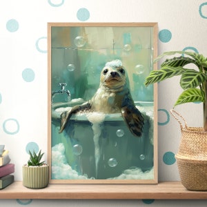 Pôster de selo de banho de espuma de banheira, arte de parede de banheiro, presente de amante de selo, impressão de leão marinho bebê, berçário náutico, pintura de selo de porto, decoração de banho