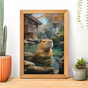 Japanese Hot Spring Capybara Poster, Funny Capybara Print, Capybara Lover Gift, Animals Wall Art, Onsen Paint, Wildlife Nursery, Bath Decor