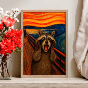 May include: Framed art print featuring a raccoon in a parody of Edvard Munch's "The Scream." The raccoon has a wide open mouth and is holding its face. The background has swirling blue, orange, and yellow colors.