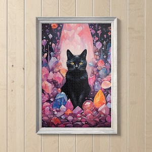 Gemstone Crystals And Cat Jigsaw Puzzle, 110/252/520/1014 Piece, Kids Adults Puzzle, Puzzle Wall Decor, Family Activity, Black Cat, Gems Art