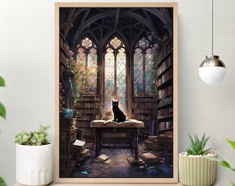 May include: A black cat sits on a large open book in a room with a large arched window and bookshelves filled with books. The room has a dark wood floor and a stone ceiling. The window is stained glass and shows a view of a garden.