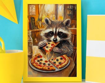 May include: A raccoon with a black mask and grey fur is eating a slice of pizza. The raccoon is sitting at a table with two other slices of pizza on a plate. The background is a painting of a kitchen.