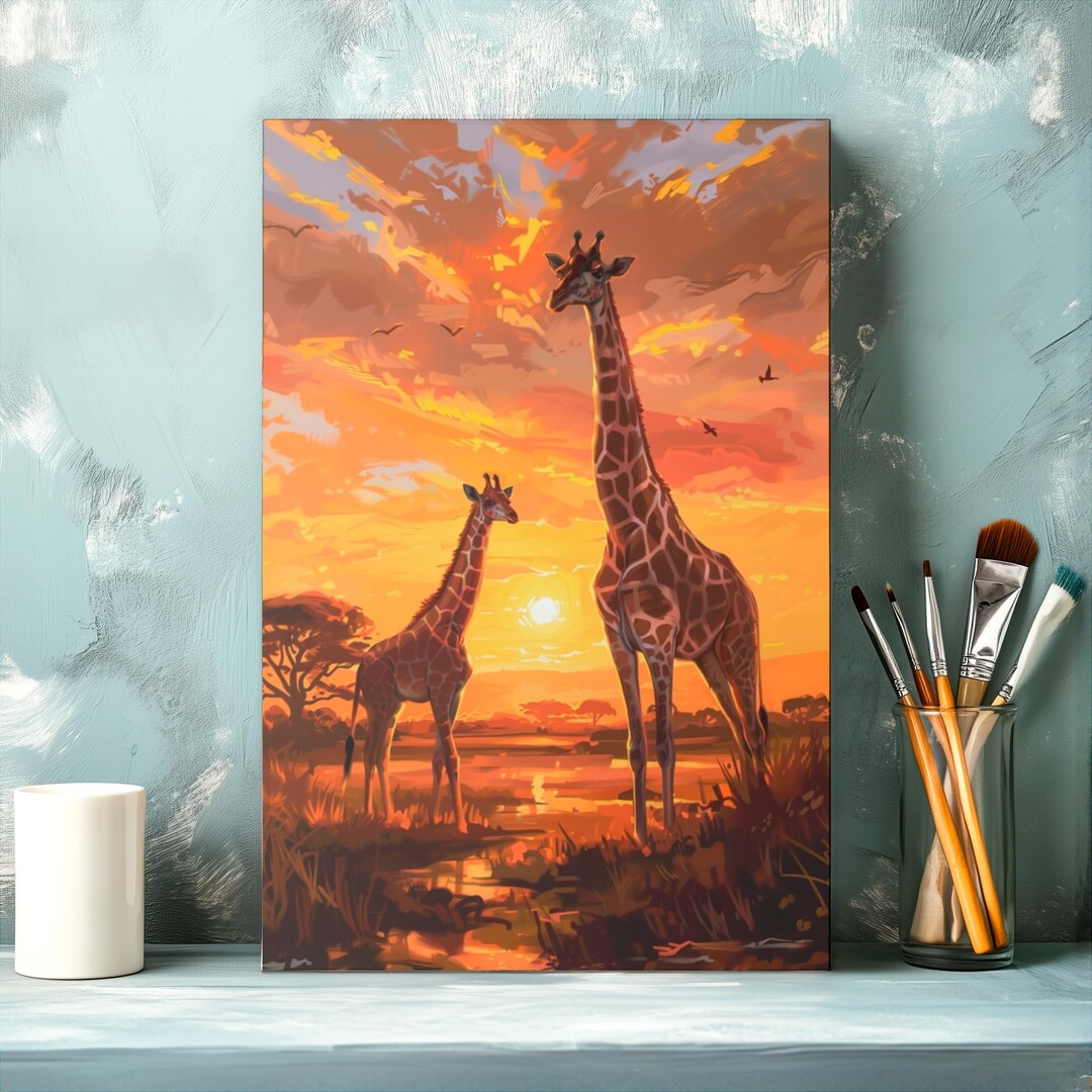 Sunset Savannah Giraffe Family Canvas Wall Art, Matte Stretched Canvas ...