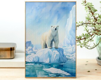 Puede incluir: Una pintura de acuarela de un oso polar de pie sobre un trozo de hielo en un paisaje helado azul y blanco.