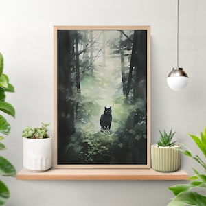 Nebligen Waldkatze Poster, Aquarell Bilder, schwarze Katze Kunst, lustiges Kätzchen Druck, nebligen Wald Kunst, Natur Wandkunst, Wohnkultur Poster