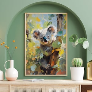 Wald niedlichen Koala Bär Poster, lustige Koala Wandkunst, Tier Wohnkultur, Kinderzimmer Aufkleber, Wildtier Drucke, Koala Liebhaber Geschenk, Ölmalerei Kunst
