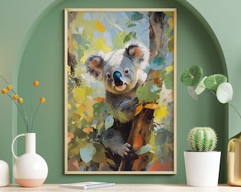 Forest Cute Koala Bear Poster, Funny Koala Wall Art, Animal Home Decor, Kids Room Decal, Wildlife Prints, Koala Lover Gift, Oil Painting Art