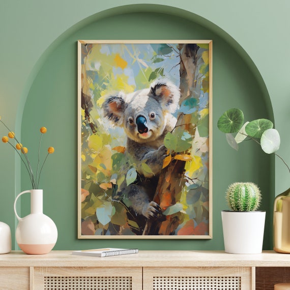 Forest Cute Koala Bear Poster, Funny Koala Wall Art, Animal Home Decor, Kids Room Decal, Wildlife Prints, Koala Lover Gift, Oil Painting Art