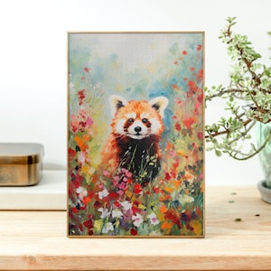 May include: A red panda with a white chest and black legs is standing in a field of colorful flowers. The background is a soft blue and green watercolor wash.