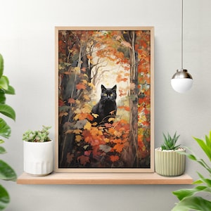 Herbst Katze Poster, schwarze Katze Kunst, Wohnkultur Poster, Forestcore Dekor, Aquarell Landschaft, Herbstliche Blätter Druck