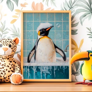 Póster de pingüino con burbujas en la bañera, arte de pared para el baño, impresión de pingüino emperador, vivero de aves antárticas, retrato de aves marinas, decoración de baños