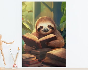 May include: A brown sloth wearing a relaxed expression sits on a table with a stack of books. The sloth is holding a book open in its paws. The sloth is surrounded by a lush green jungle setting.