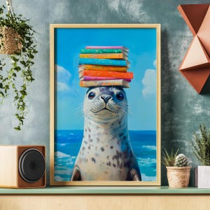 Adorable Seal Balancing Books Poster, Harbor Seal Print, Sea Lion Lover, Aquatic Animal Nursery, Bookish Wall Art, Book Stack, Reading Lover