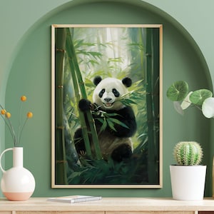 Waldpanda Essen Bambus Poster, Lustige Panda Wandkunst, Panda-Liebhaber Geschenk, Tier Wohndekor, Kinderzimmer Aufkleber, Wildtiere Drucke, Ölfarbe