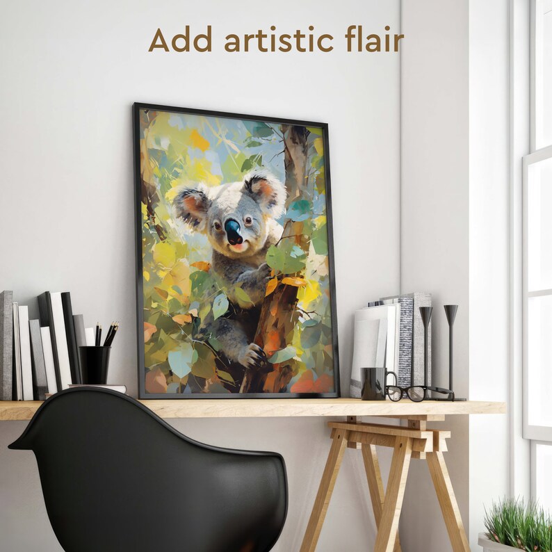 May include: A framed painting of a koala bear climbing a tree. The koala is looking directly at the viewer with a curious expression. The background is a colourful watercolour style painting of leaves and branches.