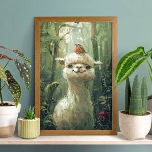 Freudiges Alpaka und Vogel Poster, Lama Wandkunst, Alpaka Liebhaber Geschenk, Kinderzimmer Wildtiere, Waldvogel Dekor, Wildtier Druck, Vögelchen Farbe