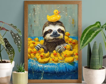 Rubber Duck Pool Sloth Poster, Bathroom Wall Art, Cute Sloth Gifts, Bathtub Print, Sloth In Toilet, Wild Animals Portrait, Funny Bath Decor