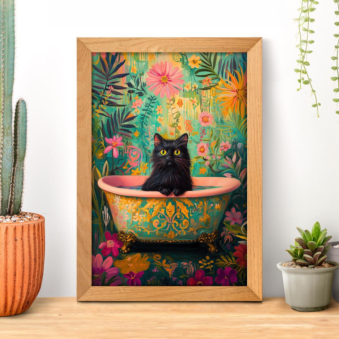 Floral Bathtub Bath Cat Poster, Bathroom Wall Art, Black Cat Portrait ...