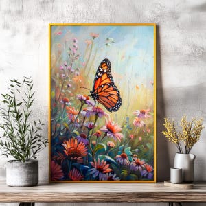 May include: A painting of a monarch butterfly with orange and black wings perched on a cluster of purple and pink flowers. The background is a soft blue and yellow.