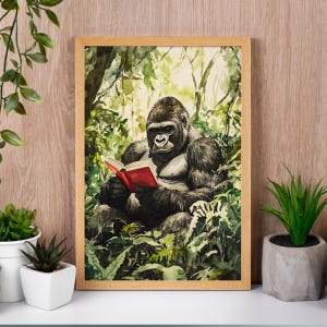 May include: A watercolor painting of a gorilla sitting in a jungle setting, reading a red book. The gorilla is surrounded by lush green foliage.