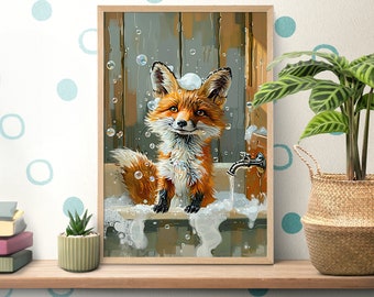 Bathtub Bubble Bath Fox Poster, Bathroom Wall Art, Fox Lover Gifts, Cute Red Fox Print, Wildlife Nursery, Nature Oil Painting, Bath Decor