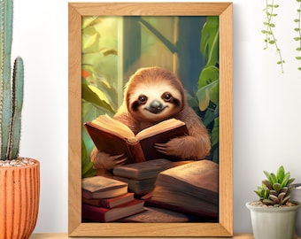 May include: A brown sloth wearing a smile sits on a table with a stack of books. The sloth is holding a book open in its paws. The background is a blurred image of a window and green plants.